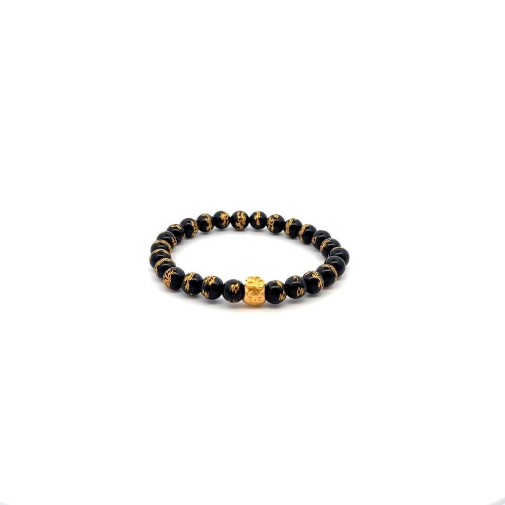 24K Gold Money Bag Lucky Charm Bracelet Gemstones Natural Black Carved Onyx 6mm